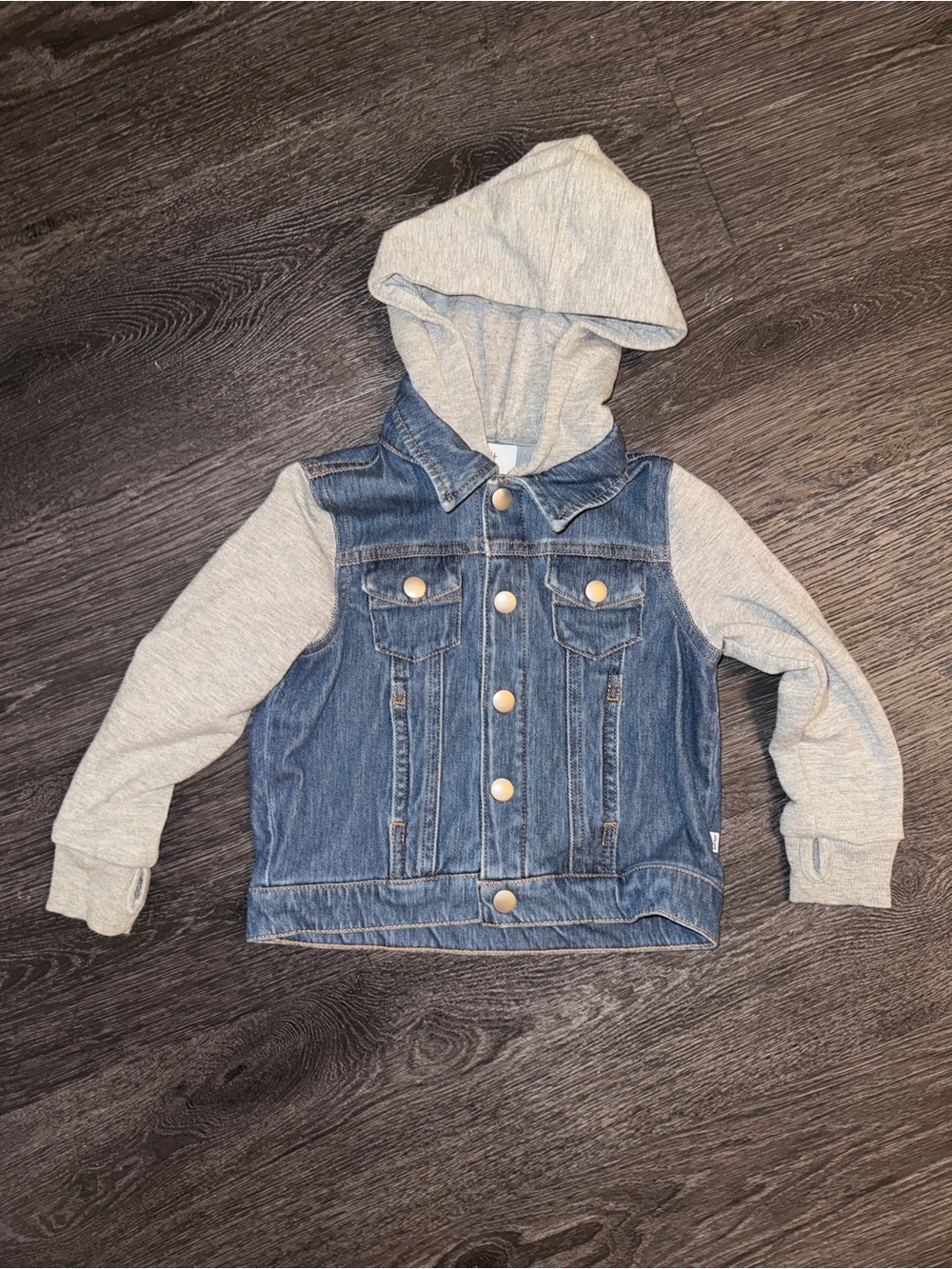 Little Sleepies Button Up Denim Jacket with Grey Knit Bamboo Hood & Sleeves 2T